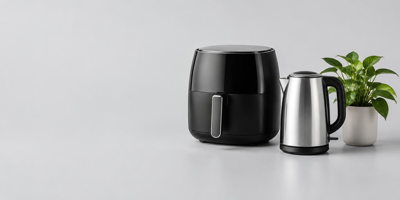 Air fryer and electric kettle on a bright studio background