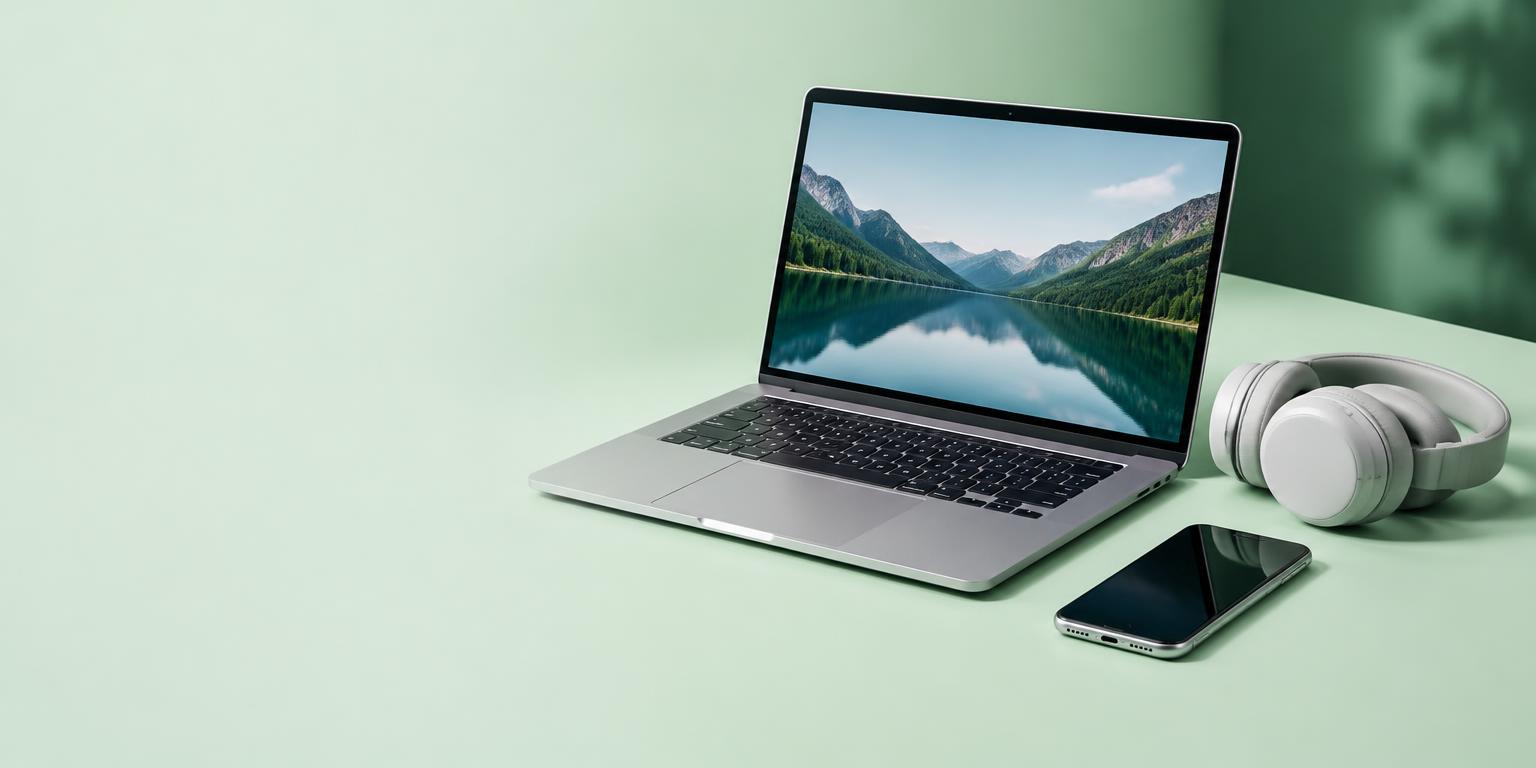 Laptop, phone and headphones on a mint studio background